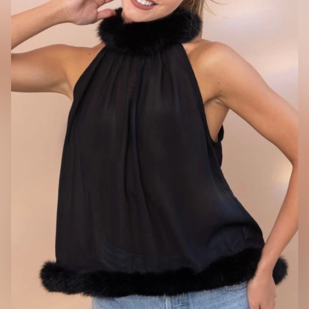 Blue B Black Sheer Faux Fur Trim Sleeveless Top Back Tie Medium